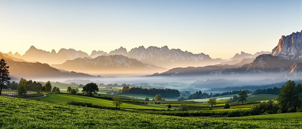 Blick über das St. Galler Rheintal auf den Alpstein am Morgen