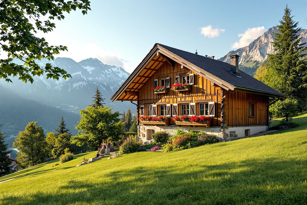 Ein Schweizer Bauernhaus aus Holz an einem grünen Hang in der Abendsonne