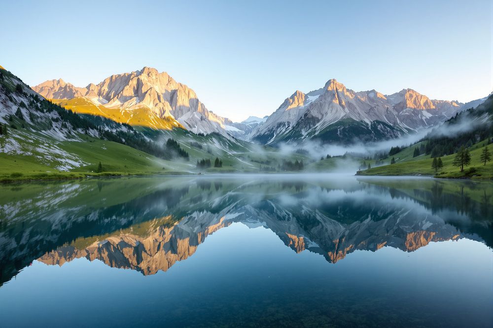 Ein stiller Bergsee spiegelt die Gipfel im ersten Licht