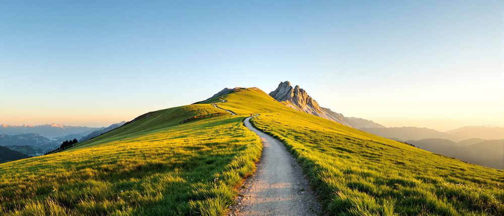 Ein schmaler Weg führt über eine Bergwiese auf einen Gipfel zu
